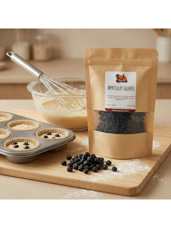sachet de myrtilles séchées avec muffins