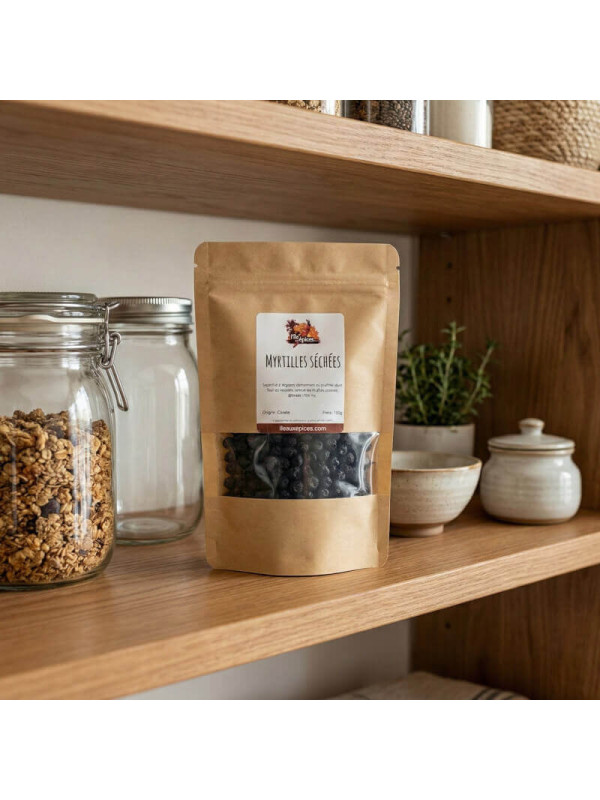 sachet de myrtilles séchées sur étagère