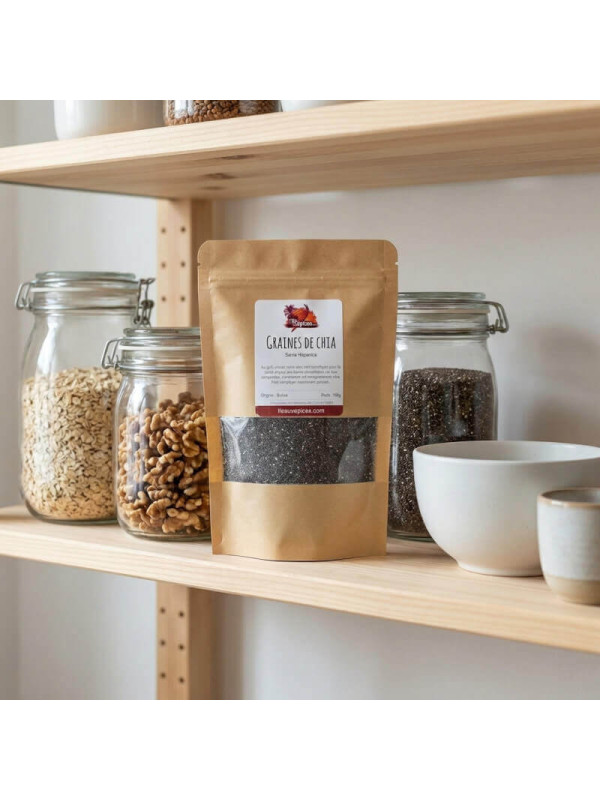 sachet de graines de chia sur étagère