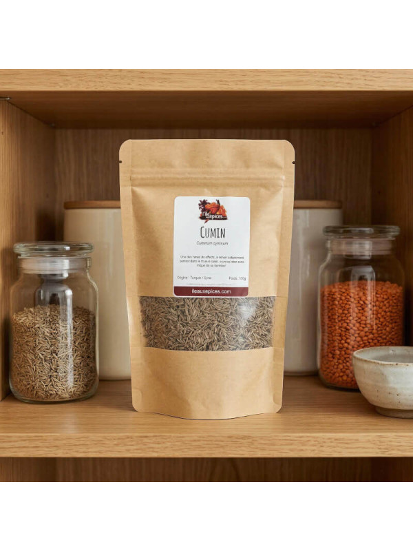 sachet de graines de cumin sur étagère
